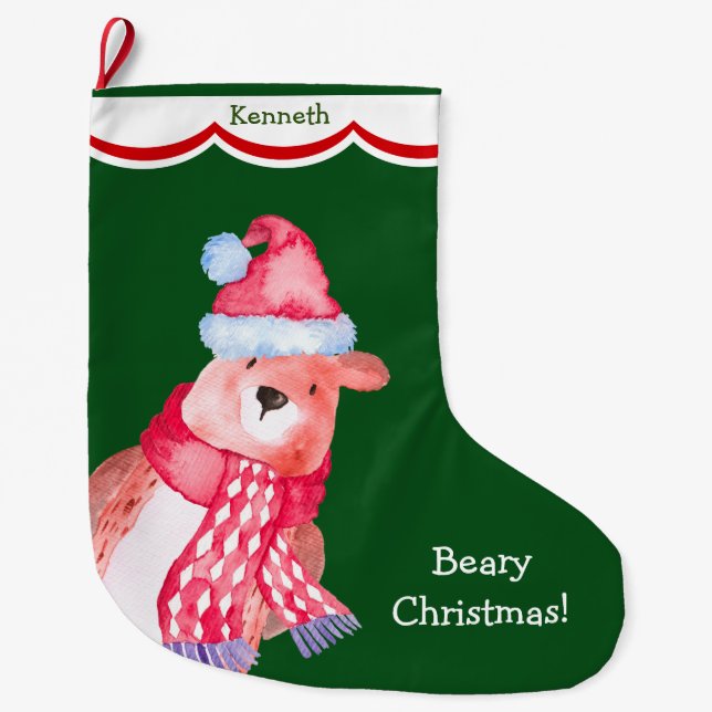 Calcetín Navideño Grande Cute Santa Bear personalizado (Anverso)