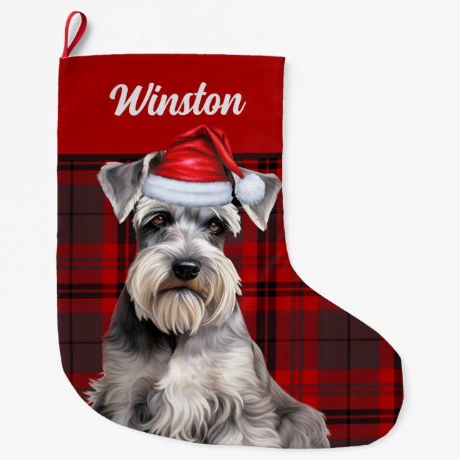Calcetín Navideño Grande Cute Schnauzer Dog Holiday Plaid Personalized (Anverso)