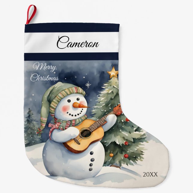 Calcetín Navideño Grande Cute Snowman Guitar (Anverso)