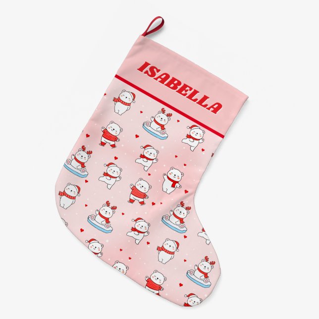 Calcetín Navideño Grande Cute Winter Polar Bear Christmas (Frente (Colgado))