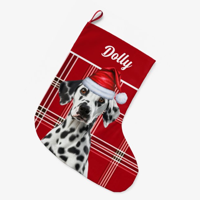 Calcetín Navideño Grande Dalmatian Santa Red Holiday Plaid and Dogs Name (Frente (Colgado))