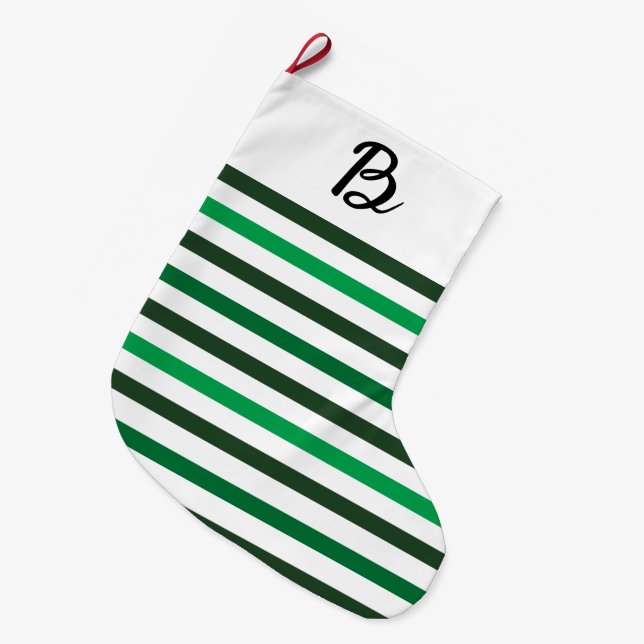 Calcetín Navideño Grande Dark Light Green Stripes Monogram Christmas (Frente (Colgado))