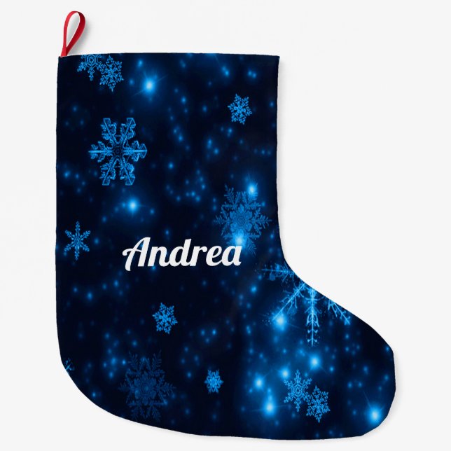 Calcetín Navideño Grande Deep Blue & Bright Snflakes Navidades (Anverso)