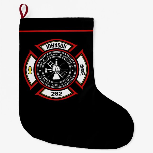 Calcetín Navideño Grande Departamento de Bomberos AÑADIR NOMBRE Insignia pa (Anverso)