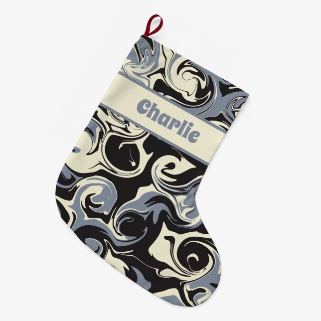 Calcetín Navideño Grande Derrame en negro, gris y crema (Frente (Colgado))