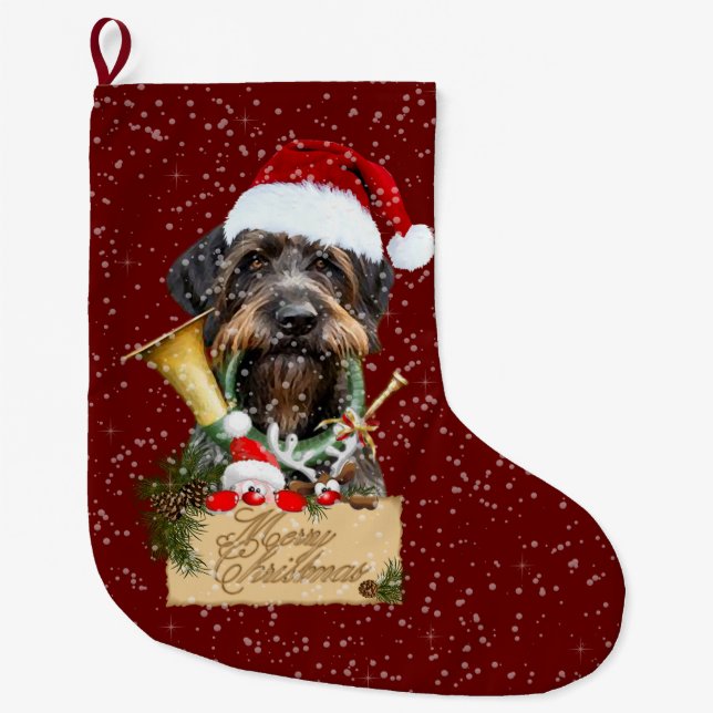 Calcetín Navideño Grande Deutsch Drahthaar, ¡Feliz Navidad! botón de imán (Anverso)