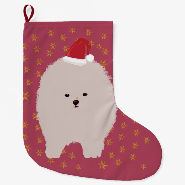 Calcetín Navideño Grande Dibujo de cachorros de pomerania pura (Anverso)