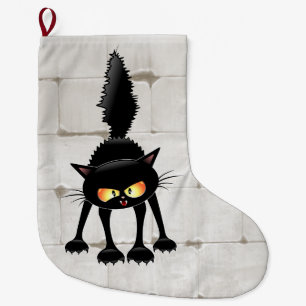 Calcetín Navideño Grande Dibujo de gato negro divertido y fiero 