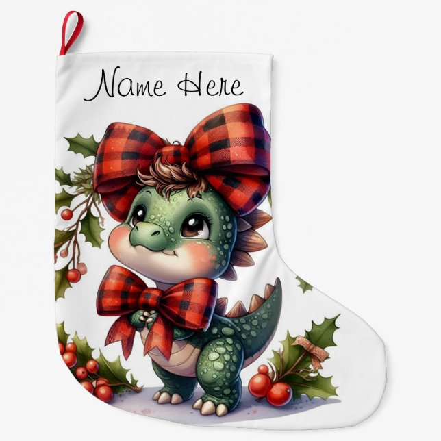 Calcetín Navideño Grande Dinosaurio de bebé personalizado (Anverso)