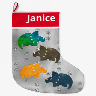 Calcetín Navideño Grande Dinosaurios multicolores en plata