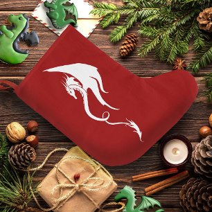 Calcetín Navideño Grande Diseño de ilustración tribal de dragón blanco negr