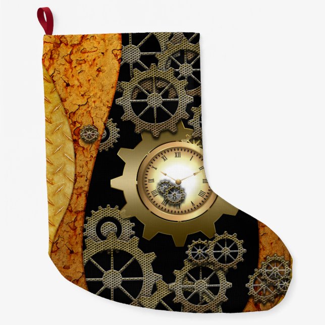 Calcetín Navideño Grande Diseño impresionante del steampunk con los relojes (Anverso)