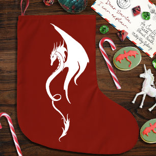 Calcetín Navideño Grande Diseño Navideño Tribal Dragón Rojo Blanco y Negrit