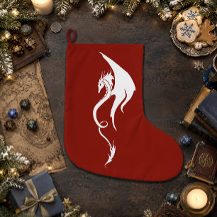Calcetín Navideño Grande Diseño Navideño Tribal Dragón Rojo Blanco y Negrit