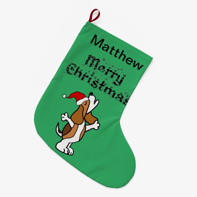 Calcetín Navideño Grande Divertidos Navidades cantantes de perro beagle (Frente (Colgado))