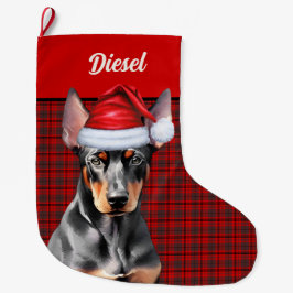 Calcetín Navideño Grande Doberman Pinscher Dog Holiday Plaid Personalized