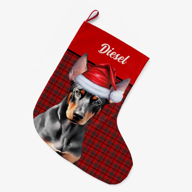 Calcetín Navideño Grande Doberman Pinscher Dog Holiday Plaid Personalized (Frente (Colgado))