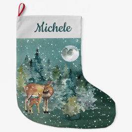 Calcetín Navideño Grande Doe Fawn Deer Forest Full Moon Snowfall Watercolor