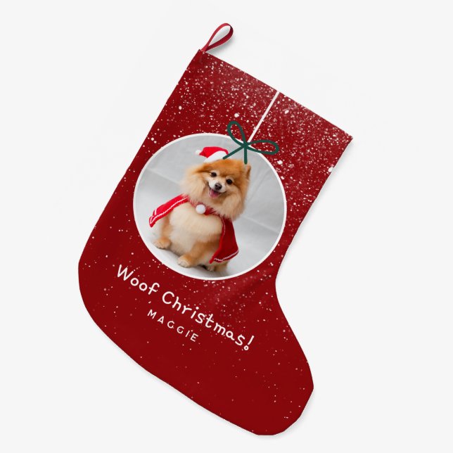 Calcetín Navideño Grande Dog Photo Snow Red Woof Christmas Holiday  (Frente (Colgado))