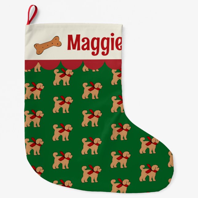 Calcetín Navideño Grande Doodle Doodle Dog Red Green Tan (Anverso)