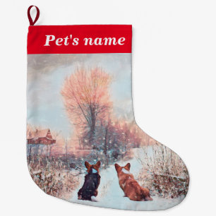 Calcetín Navideño Grande Dos corgis en la nieve