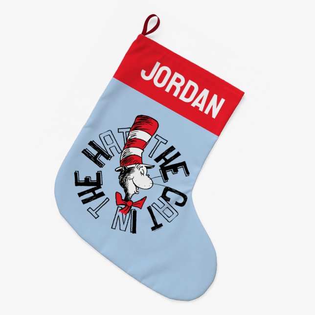 Calcetín Navideño Grande Dr. Seuss | Gato en el arte redondo Gorra (Frente (Colgado))