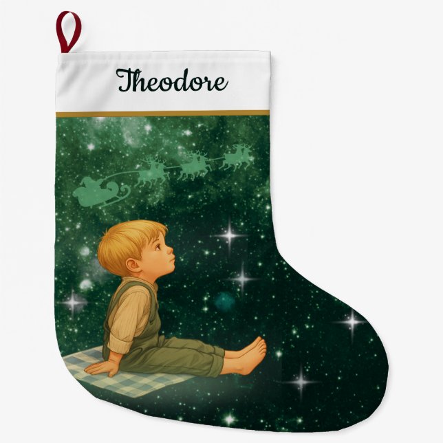 Calcetín Navideño Grande Dreaming Boy Christmas Stocking – Green Silver (Anverso)