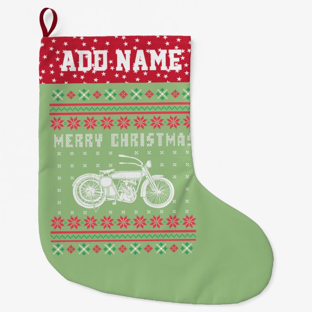 Calcetín Navideño Grande Dulce de motocicleta de época Navidades feos (Anverso)