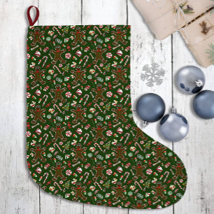 Calcetín Navideño Grande Dulce Patrón Navideño Verde Juguetón de Pan de Jen