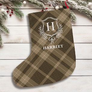 Calcetín Navideño Grande Earthy Plaid Monogram Tartán Inicial