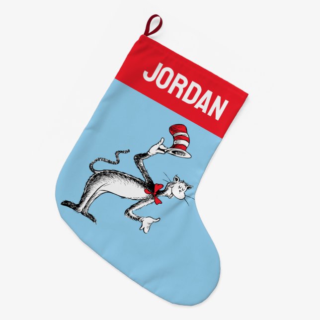 Calcetín Navideño Grande El gato en el Gorra se tira una reverencia (Frente (Colgado))