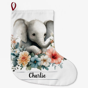 Calcetín Navideño Grande Elefante bebé de color de agua adorable con nombre