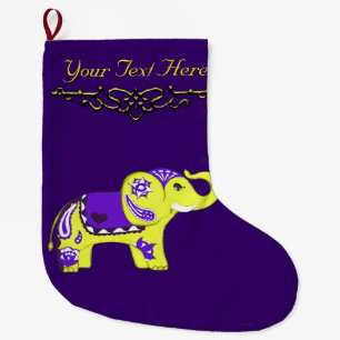 Calcetín Navideño Grande Elefante de la alheña (amarillo/púrpura)