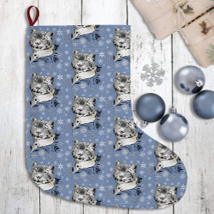 Calcetín Navideño Grande Elegancia Invernal Leopardo de las Nieves Copos de
