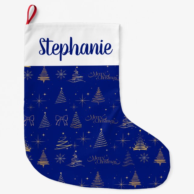 Calcetín Navideño Grande Elegant Blue W/ Gold Christmas Tree Doodles  (Anverso)