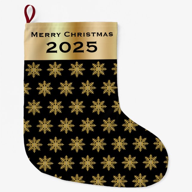 Calcetín Navideño Grande Elegant Golden Snowflakes Christmas Stocking (Anverso)