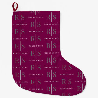 Calcetín Navideño Grande Elegant Grey Monogram & White Name, Maroon