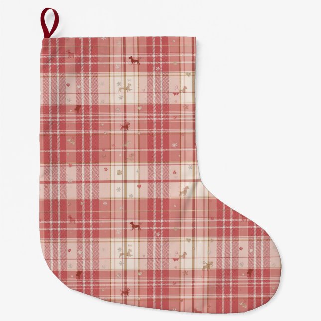 Calcetín Navideño Grande Elegant Pink Tartan Dog Christmas Stocking | Blush (Anverso)