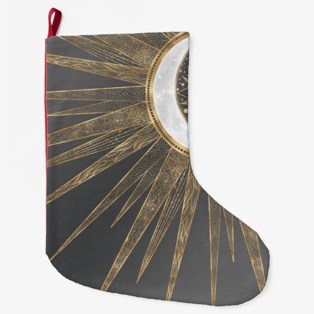 Calcetín Navideño Grande Elegante Doodles dorados Sun Moon Mandala Diseño (Anverso)