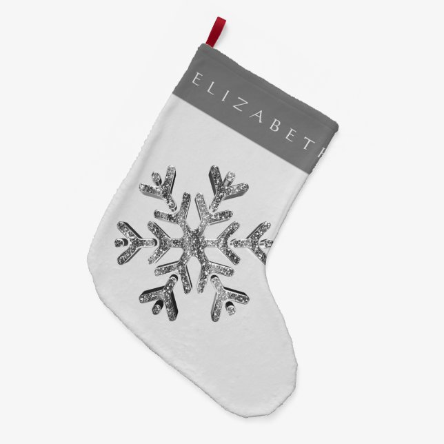 Calcetín Navideño Grande Elegante Faux Silver Gray Snowflake con nombre (Frente (Colgado))