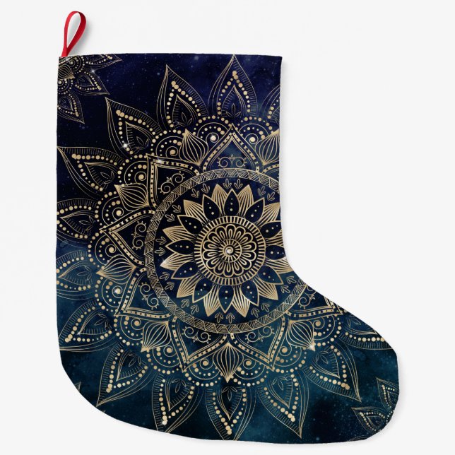 Calcetín Navideño Grande Elegante galaxia azul Mandala dorada (Anverso)