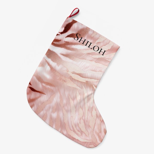 Calcetín Navideño Grande Elegante Giro Rosa Rosa Dorado Zebra Glam Glitz (Frente (Colgado))