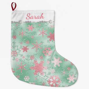 Calcetín Navideño Grande Elegante patrón de copo de nieve de Navidades rosa