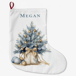 Calcetín Navideño Grande Elegante Personalizado Árbol de Navidad Dorado Azu