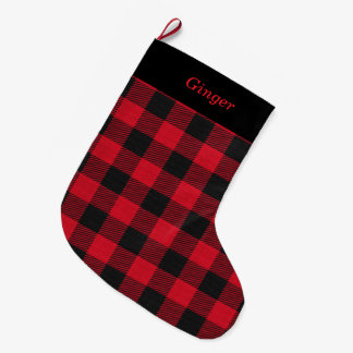 Calcetín Navideño Grande Elegante Plaid Negro y Rojo Personalizado