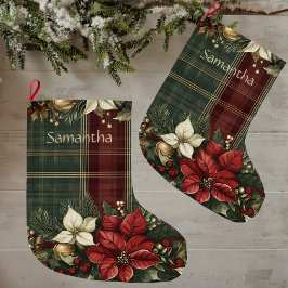 Calcetín Navideño Grande Elegante Plaid & Poinsettia Nombre Navidades Holid