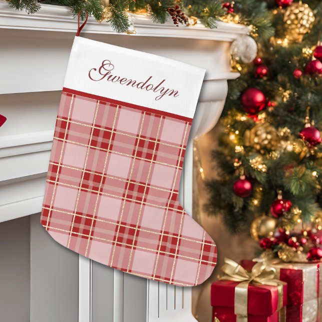 Calcetín Navideño Grande Elegante Red Plaid (Elegant Red Plaid Large Christmas Stocking)