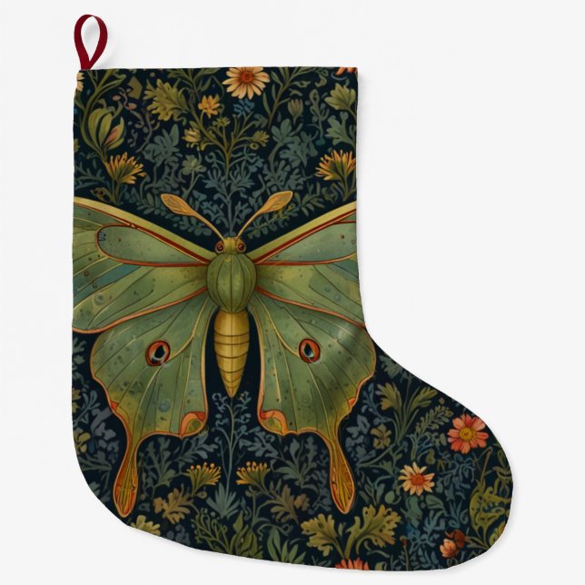 Calcetín Navideño Grande Elegante retro boho Luna moth botánico (Anverso)