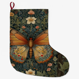 Calcetín Navideño Grande Elegante retro boho mariposa vegetación botánica
