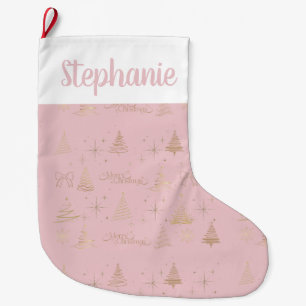 Calcetín Navideño Grande Elegante rosa con doodles de árbol de Navidad dora